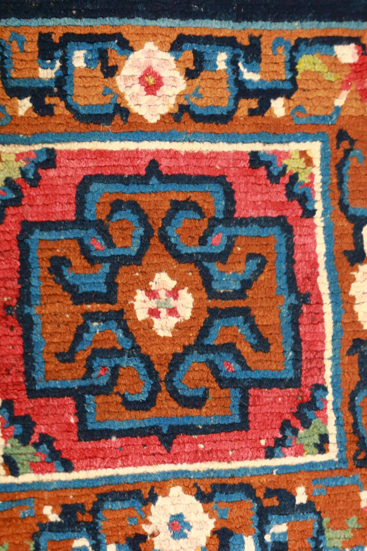 Hand-Knotted Tibetan Runner | Medallion Panel with Geometric Guard Borders | Front View | Detail View