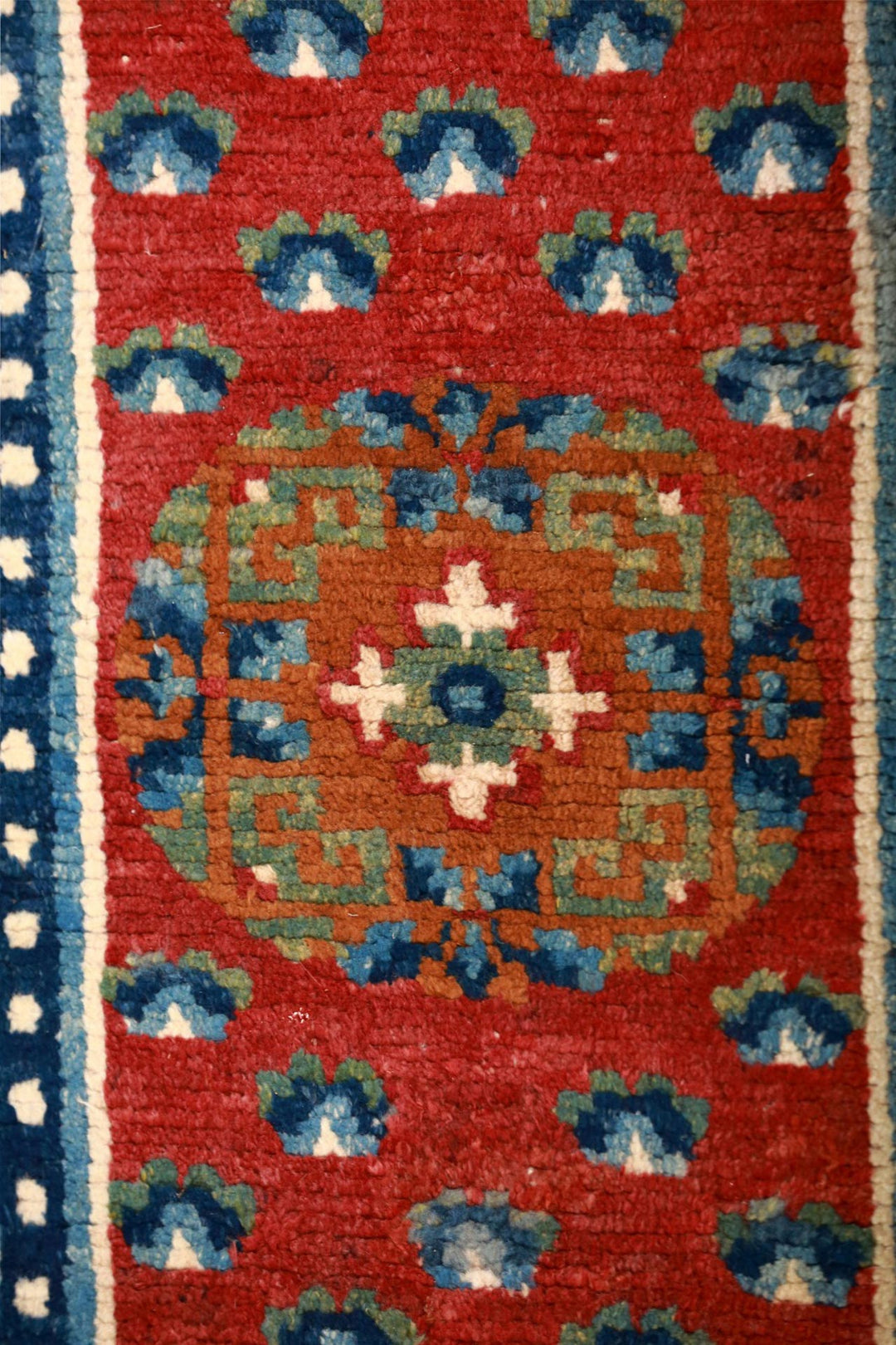 Hand-Knotted Tibetan Runner | Red Cloud Medallions | Detail View