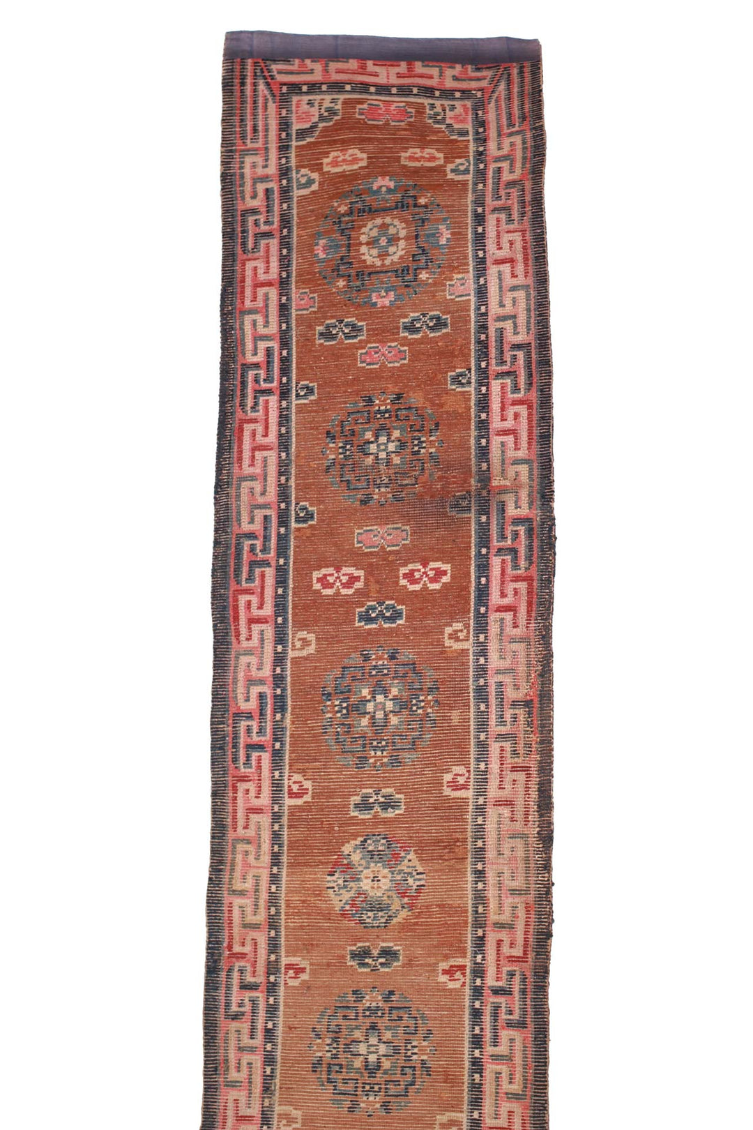 Hand-Knotted Tibetan Runner | Rust Field Medallion &amp; Key Border Pattern | Back View