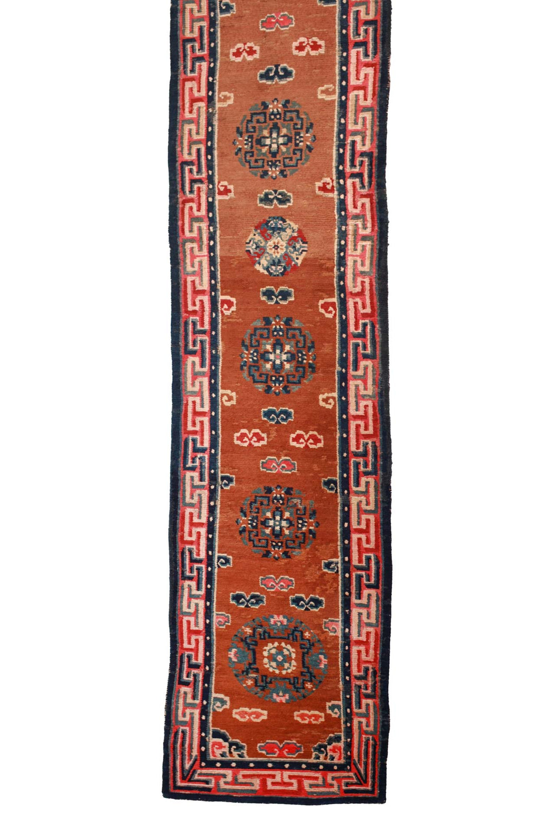 Hand-Knotted Tibetan Runner | Rust Field Medallion & Key Border Pattern | Front View