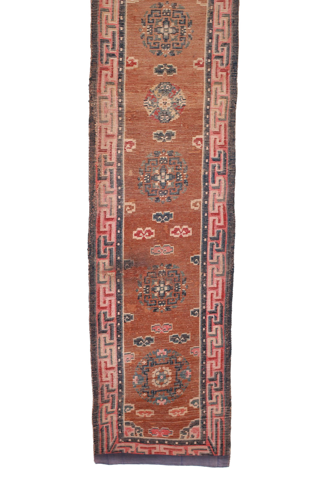 Hand-Knotted Tibetan Runner | Rust Medallions &amp; Clouds | Back View