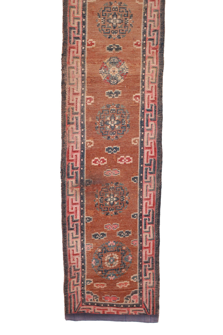 Hand-Knotted Tibetan Runner | Rust Medallions &amp; Clouds | Back View