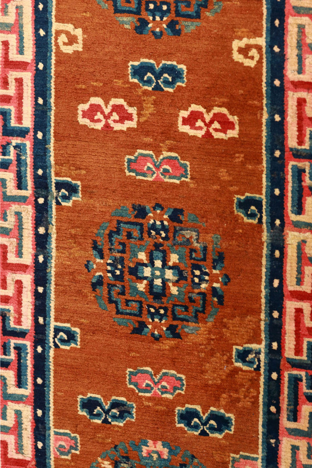 Hand-Knotted Tibetan Runner | Rust Medallions &amp; Clouds | Detail View