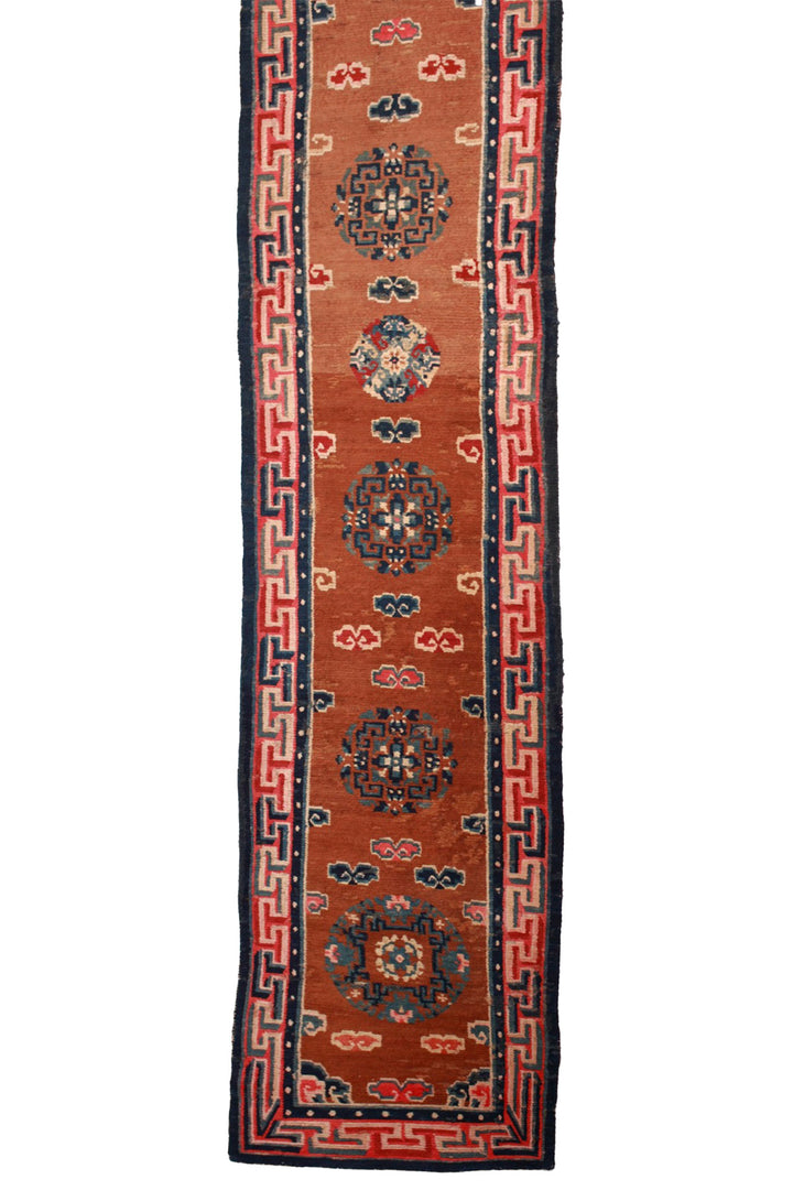 Hand-Knotted Tibetan Runner | Rust Medallions &amp; Clouds | Front View