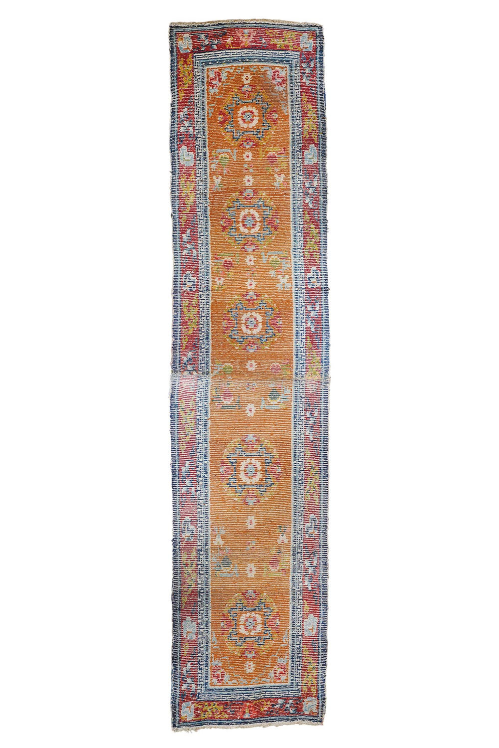 Hand-Knotted Tibetan Runner | Saffron Apricot Coin Roundel | Back View