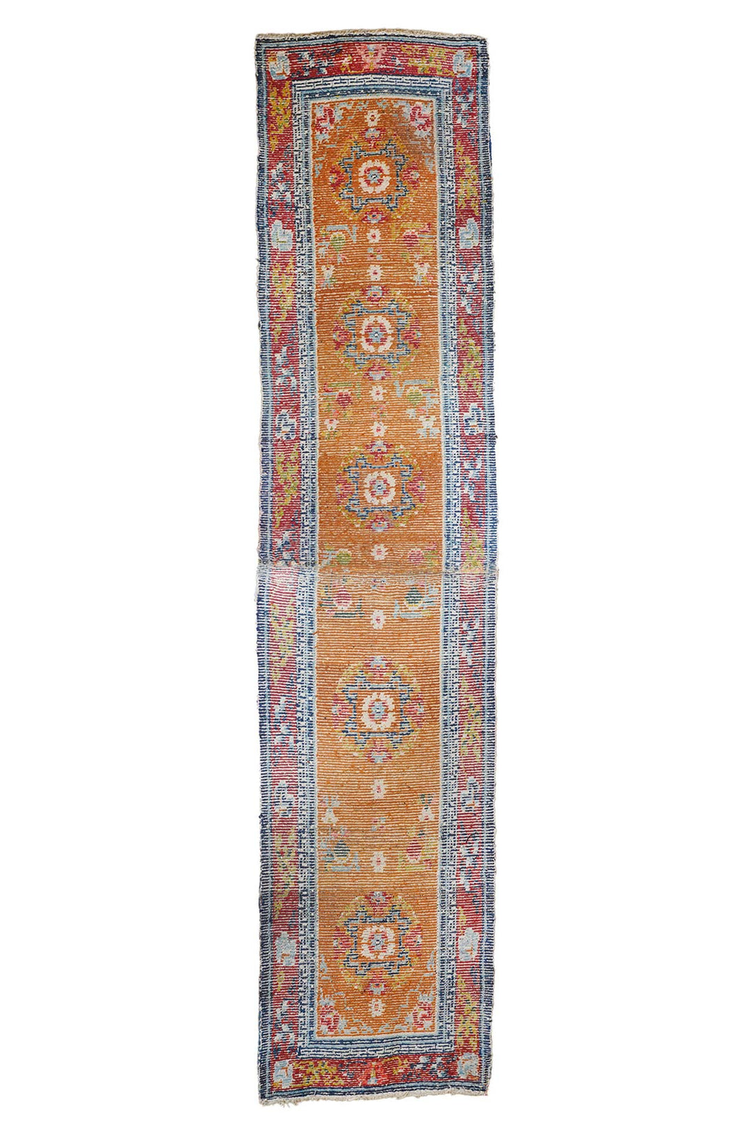Hand-Knotted Tibetan Runner | Saffron Apricot Coin Roundel | Back View