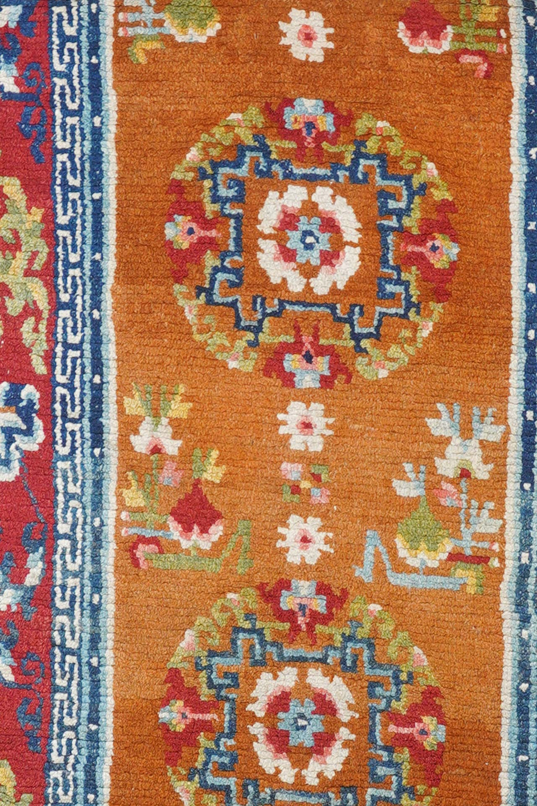 Hand-Knotted Tibetan Runner | Saffron Apricot Coin Roundel | Detail View