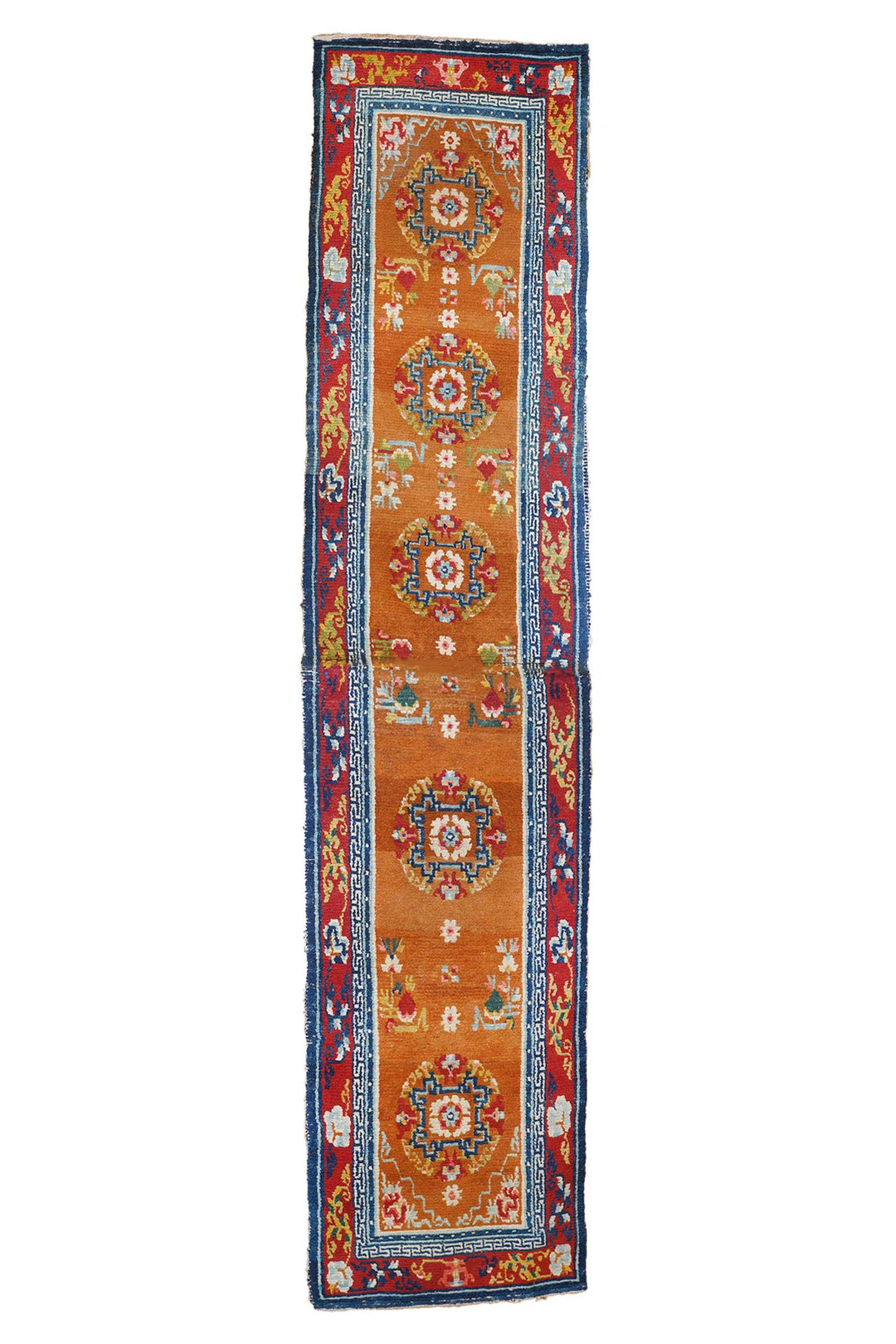 Hand-Knotted Tibetan Runner | Saffron Apricot Coin Roundel | Front View