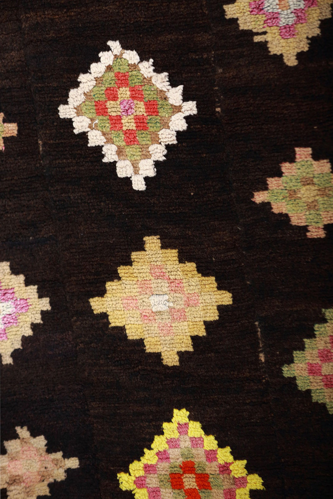 Hand-Knotted Tibetan Tsutruk Rug | Midnight Pastel Diamonds | Detail View