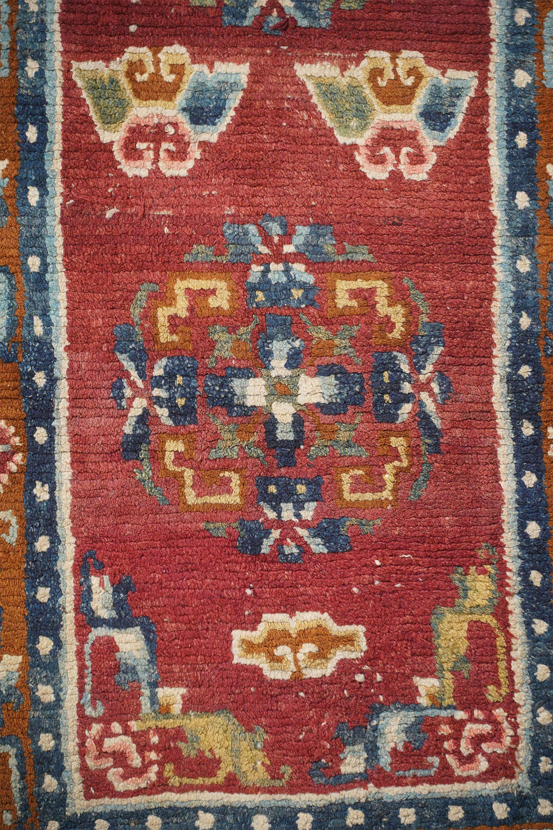 Tibetan Monastery Runner | Coral Red Floral Medallions | Detail View