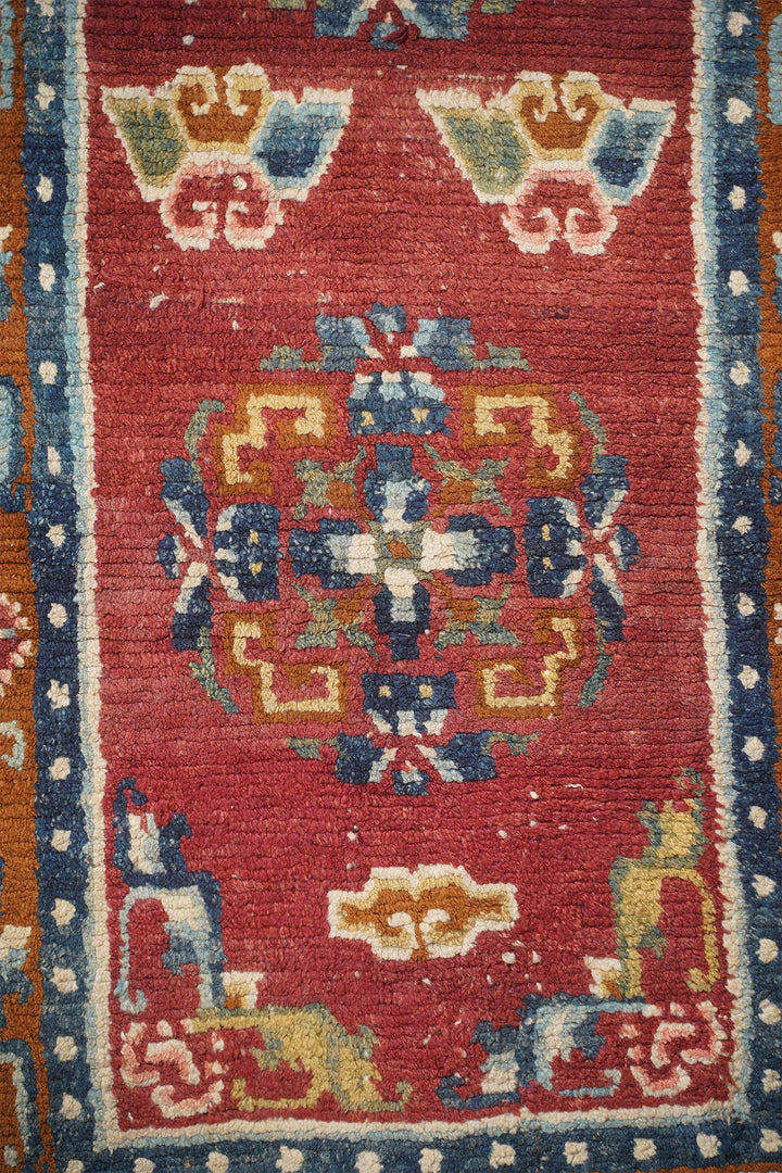 Tibetan Monastery Runner | Coral Red Floral Medallions | Detail View