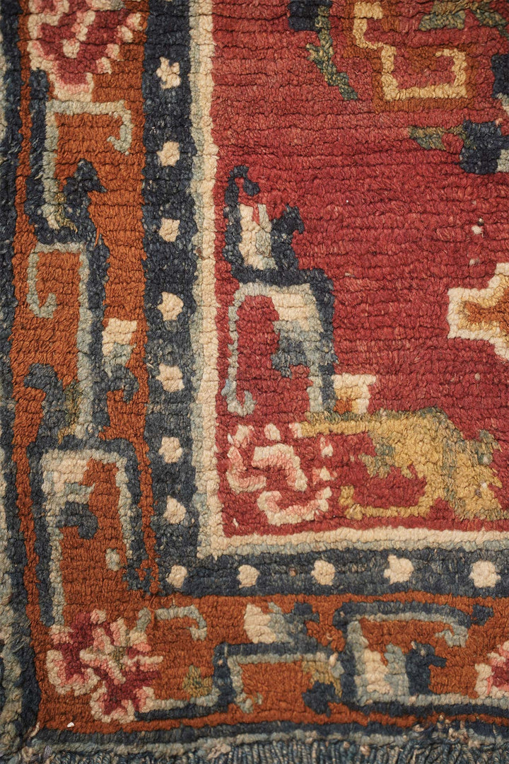 Tibetan Monastery Runner | Coral Red Floral Medallions | Detail View