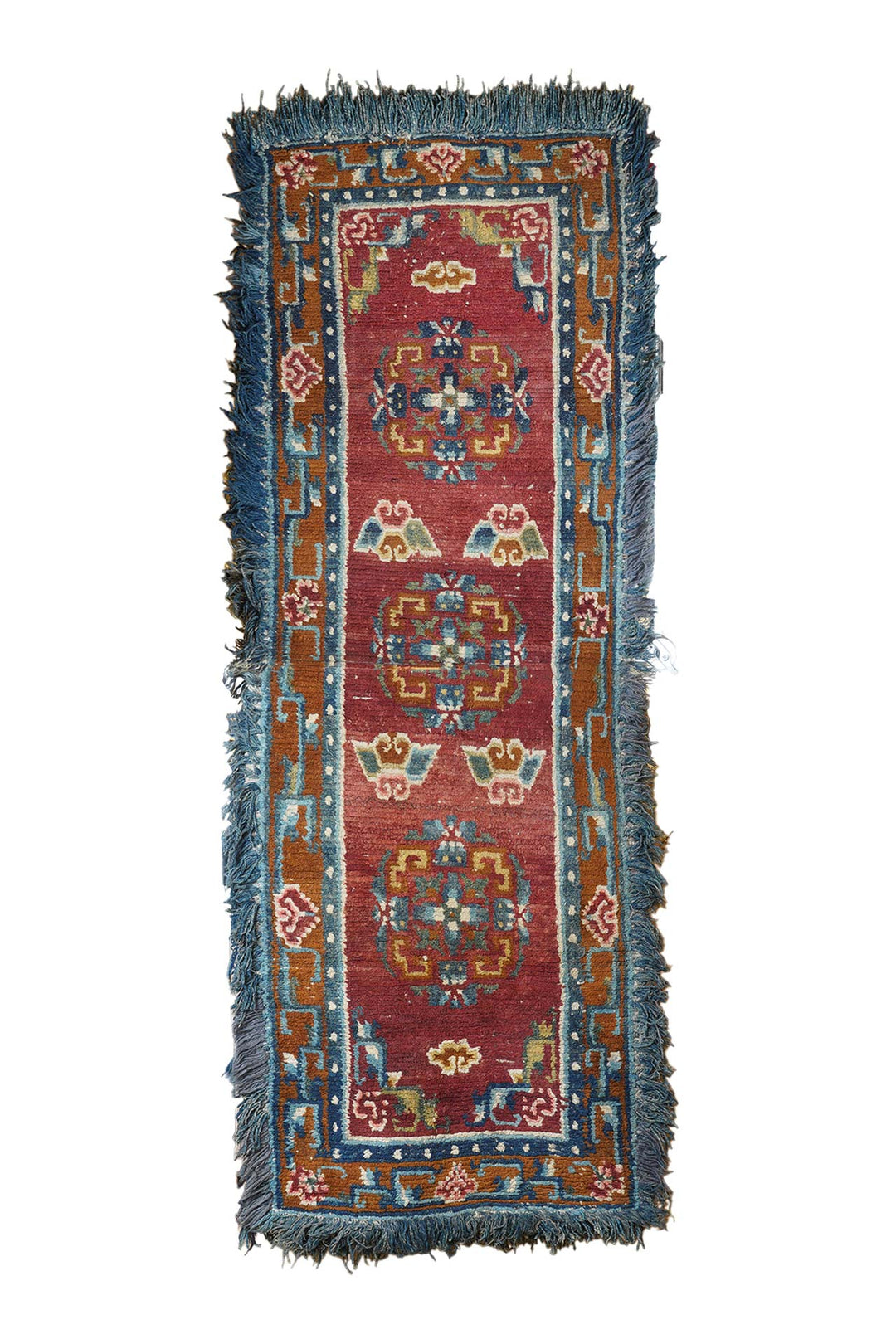 Tibetan Monastery Runner | Coral Red Floral Medallions | Front View