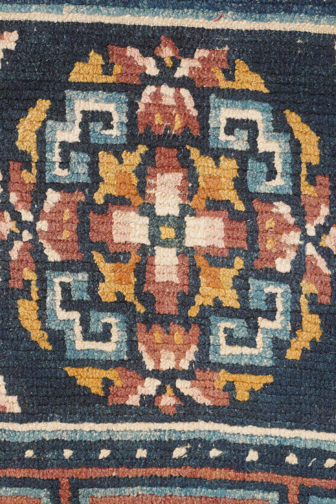 Tibetan Monastery Runner | Indigo Five-Panel Medallion Compartment | Detail View