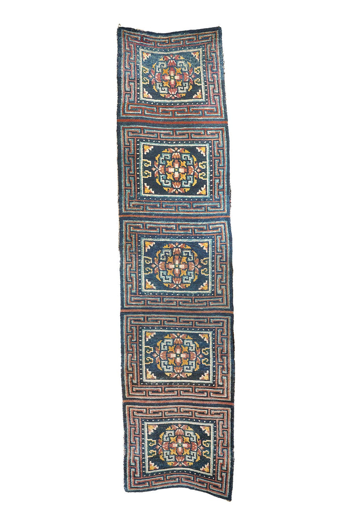Tibetan Monastery Runner | Indigo Five-Panel Medallion Compartment | Front View