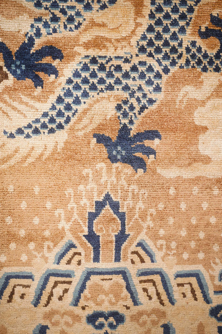 Tibetan Pillar Rug | Indigo Dragon Tibetan Script | Detail View