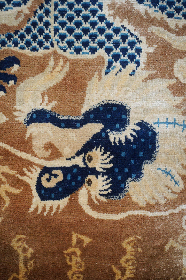 Tibetan Pillar Rug | Indigo Dragon Tibetan Script | Detail View