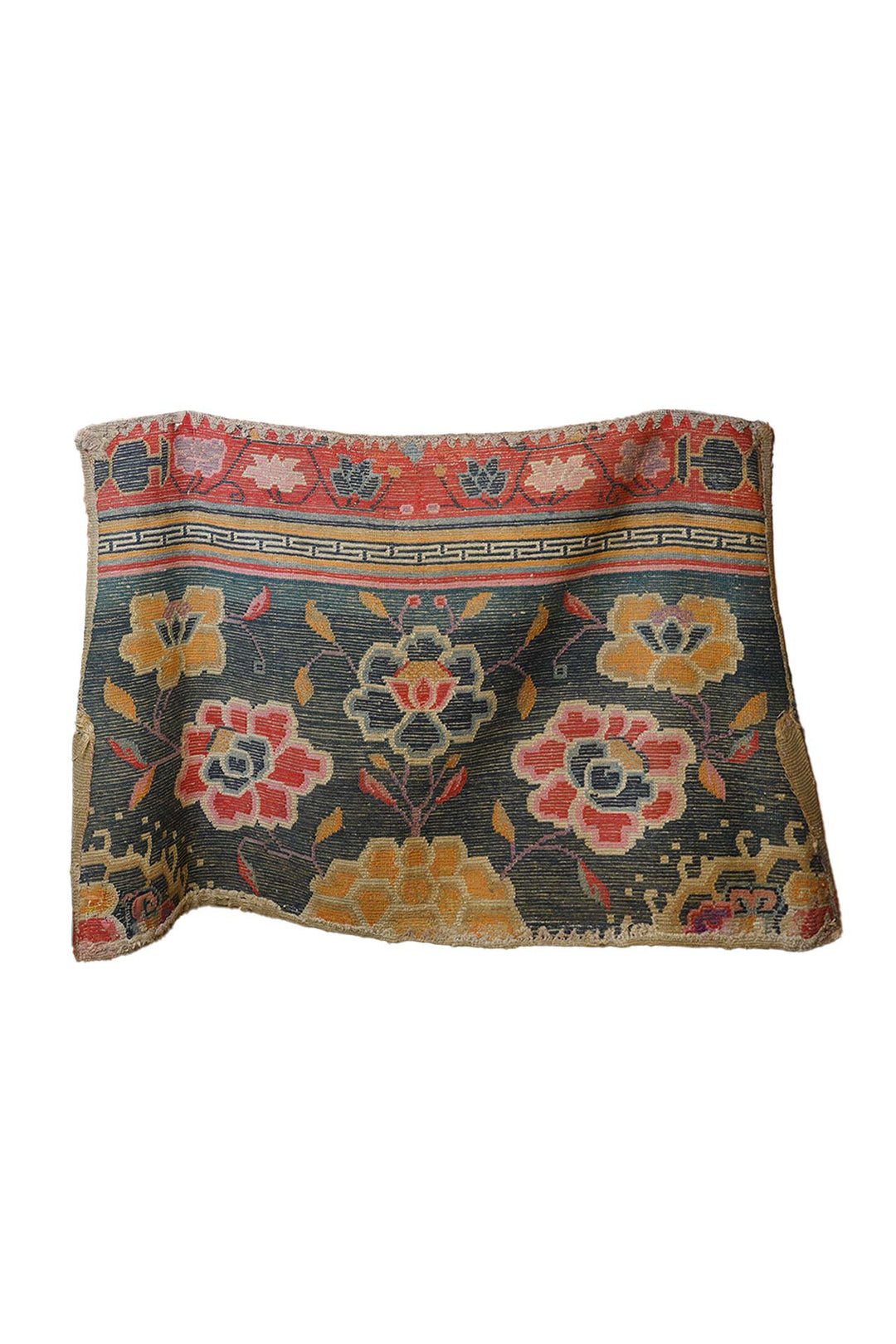 Horse Blanket, Tibetan Rug | Teal Field Floral Border | Back View