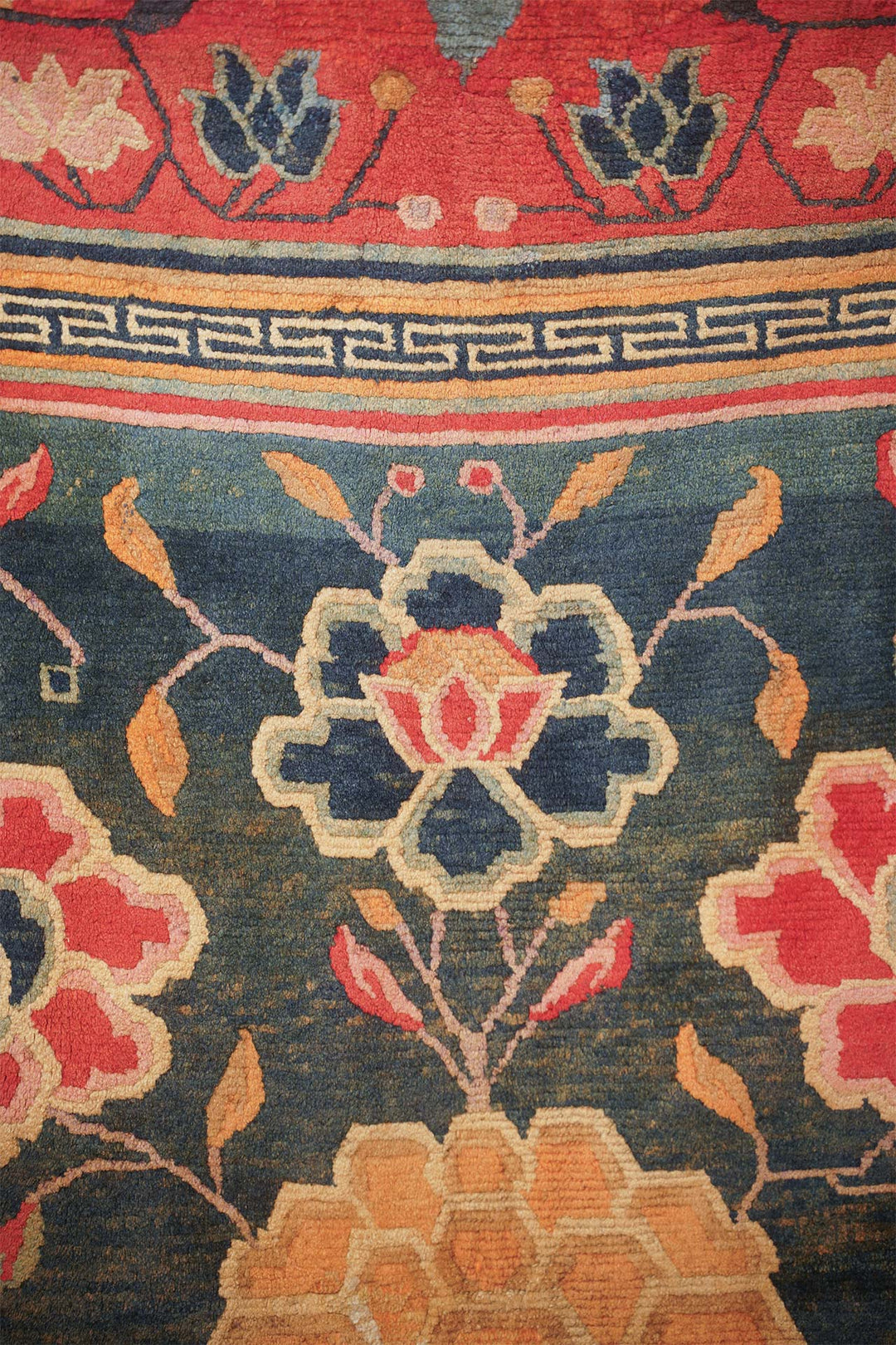 Horse Blanket, Tibetan Rug | Teal Field Floral Border | Detail View