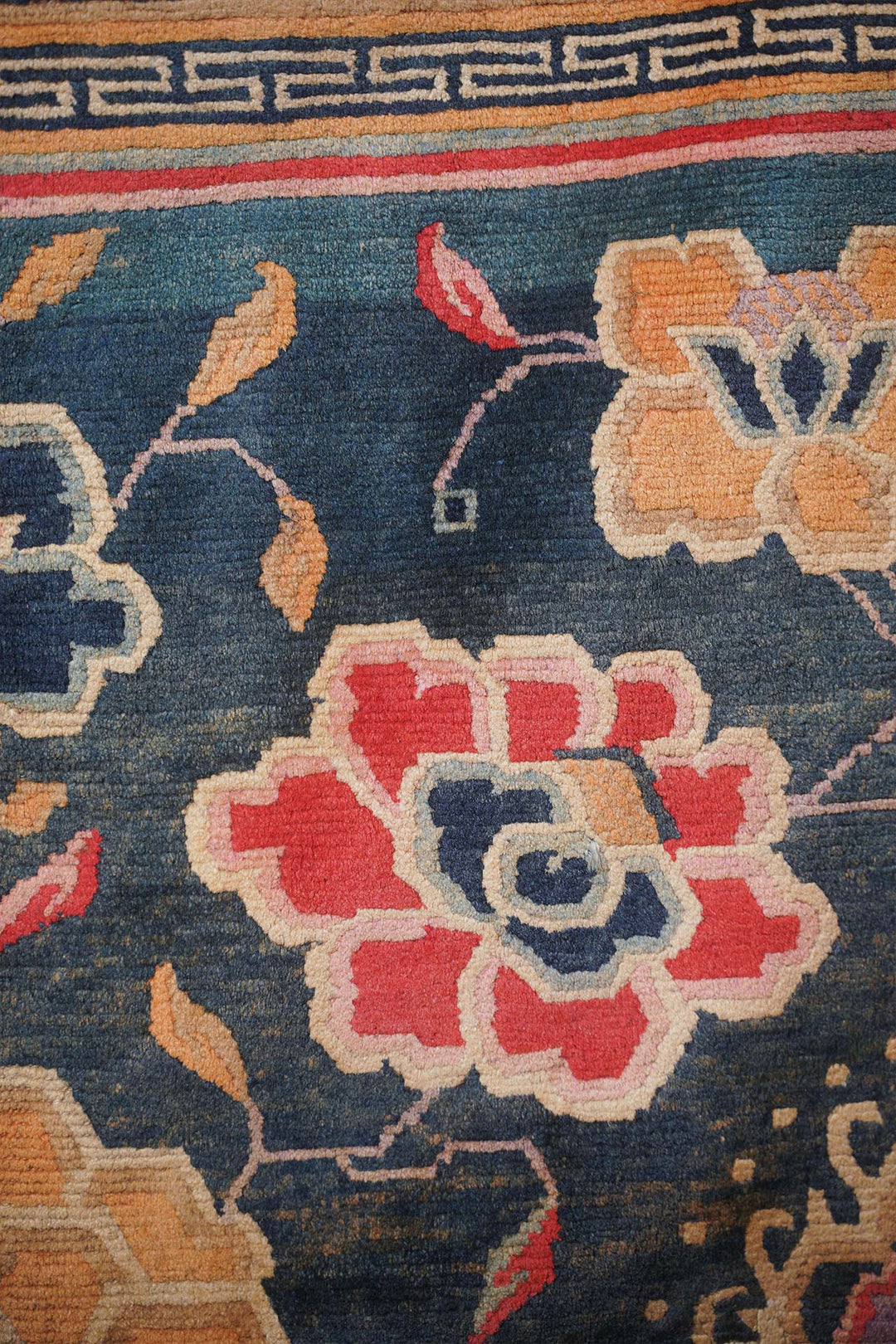 Horse Blanket, Tibetan Rug | Teal Field Floral Border | Detail View