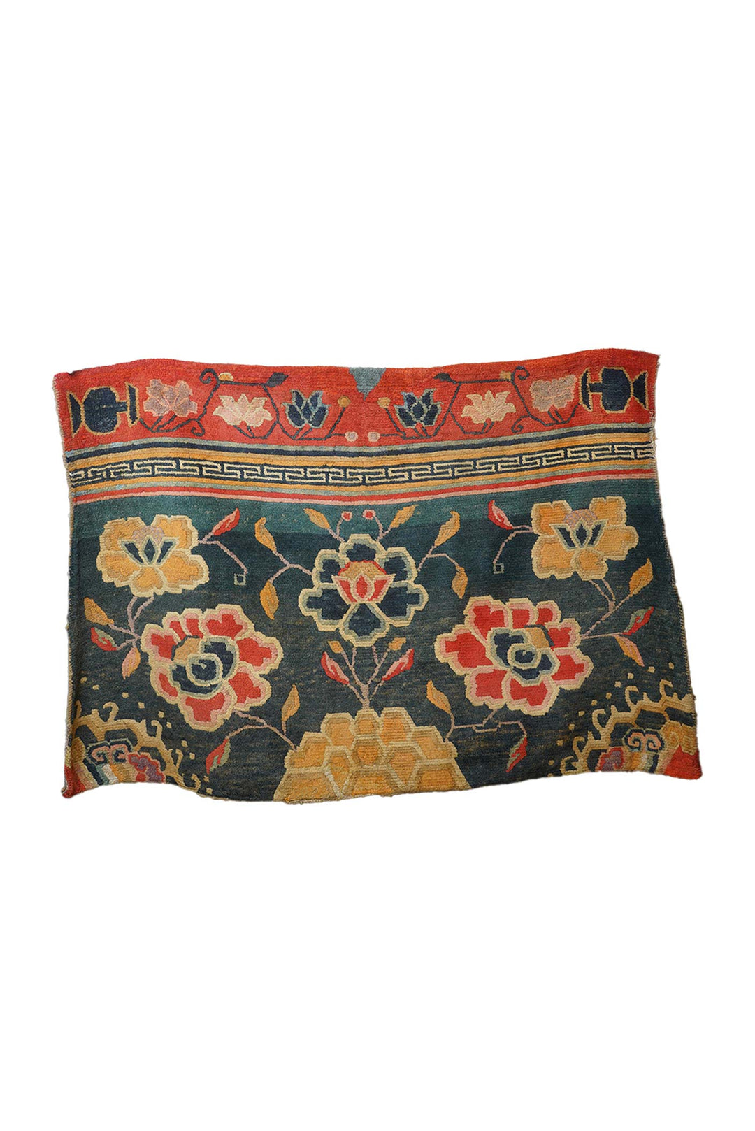 Horse Blanket, Tibetan Rug | Teal Field Floral Border | Front View