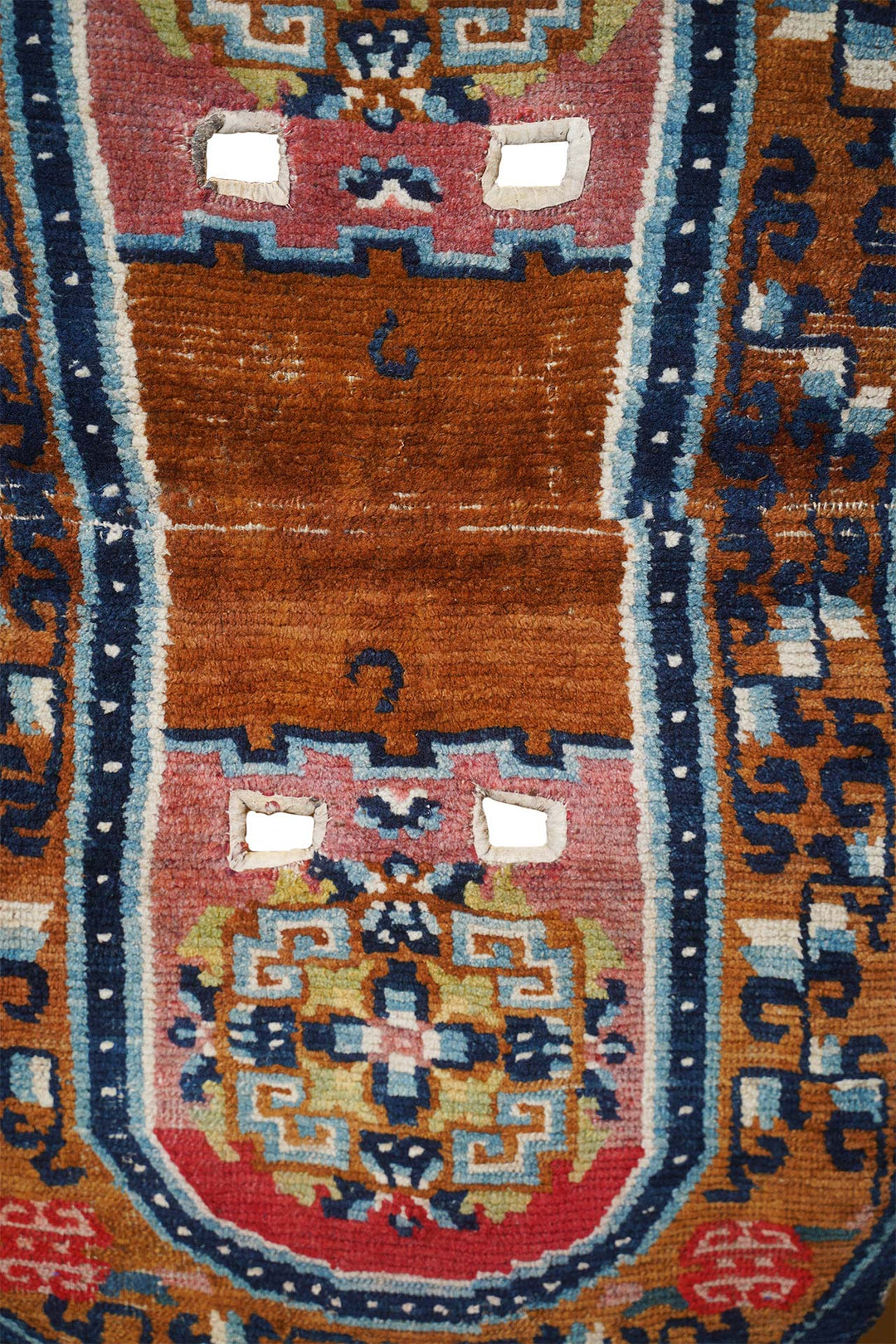 Tibetan Saddle Rug | Chestnut Indigo Geometric Medallion | Detail View