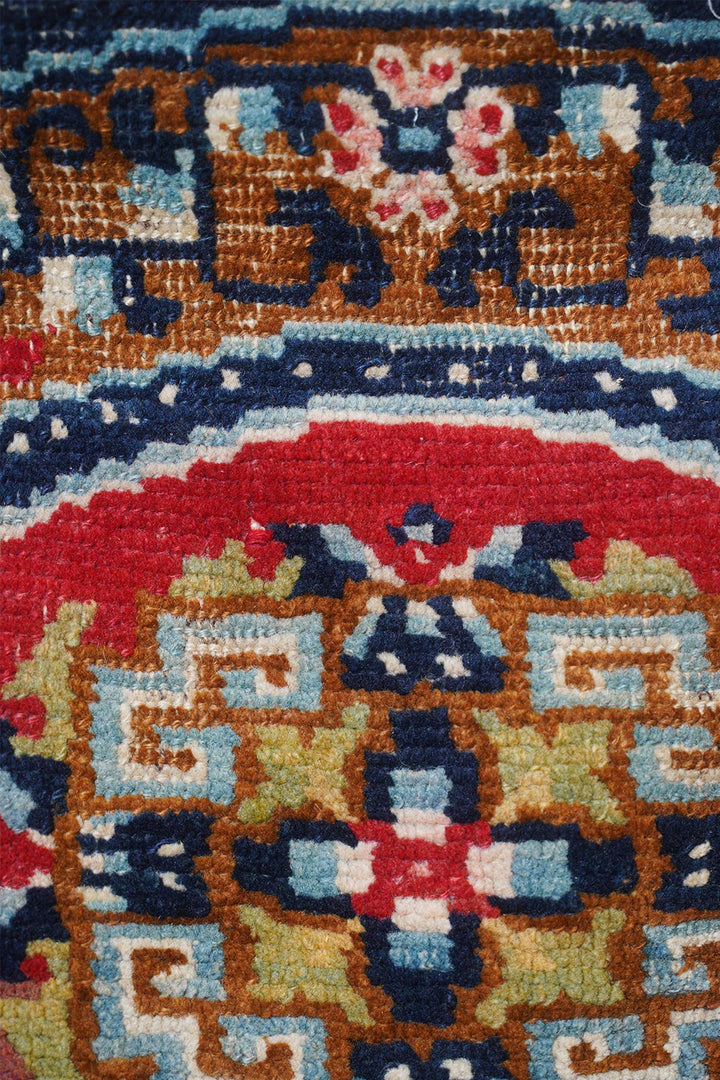 Tibetan Saddle Rug | Chestnut Indigo Geometric Medallion | Detail View