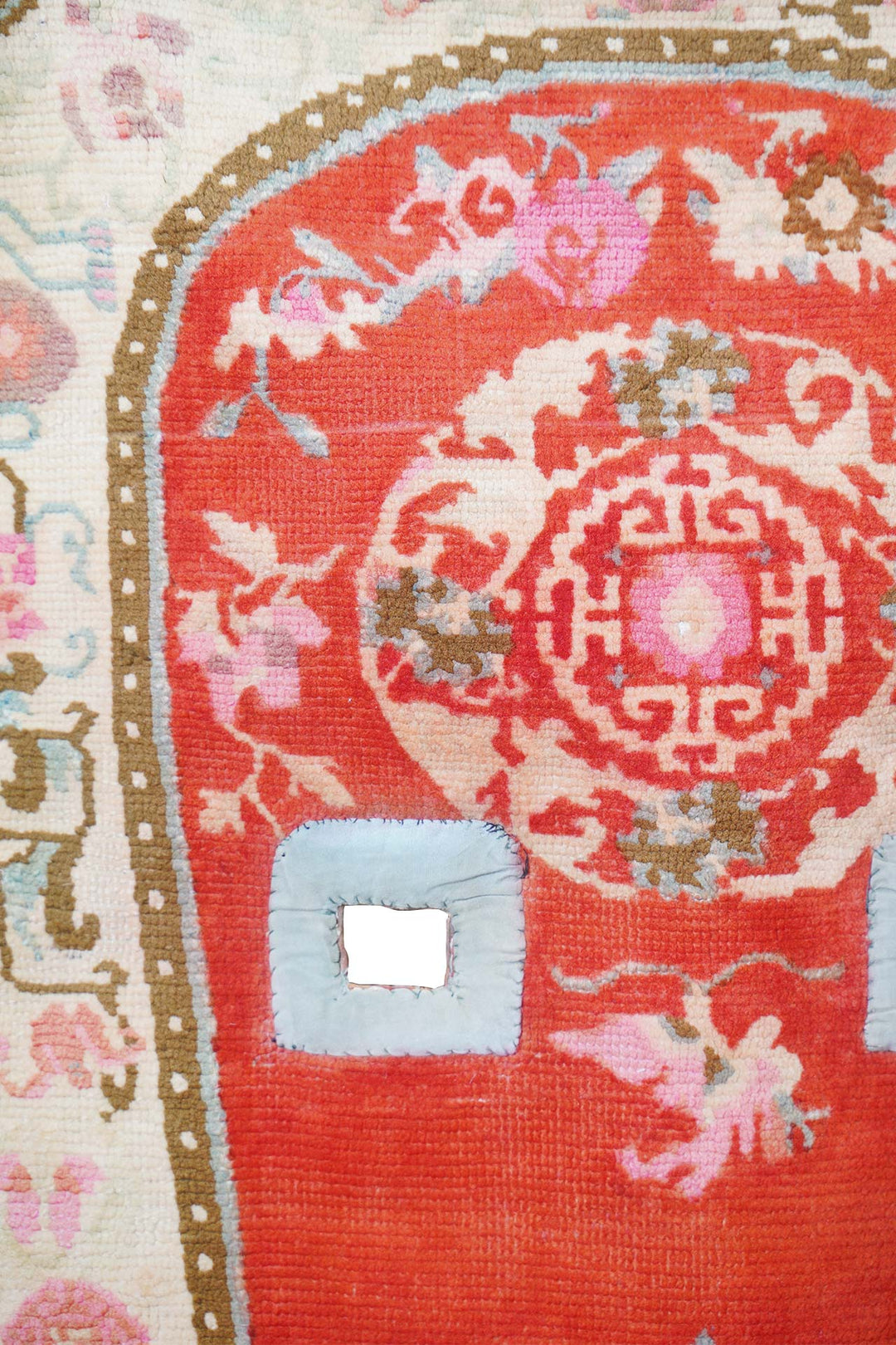 Tibetan Saddle Rug | Cinnabar Red Shrivatsa Medallions | Detail View