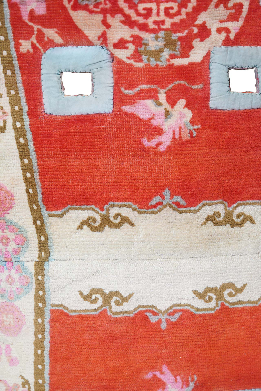 Tibetan Saddle Rug | Cinnabar Red Shrivatsa Medallions | Detail View