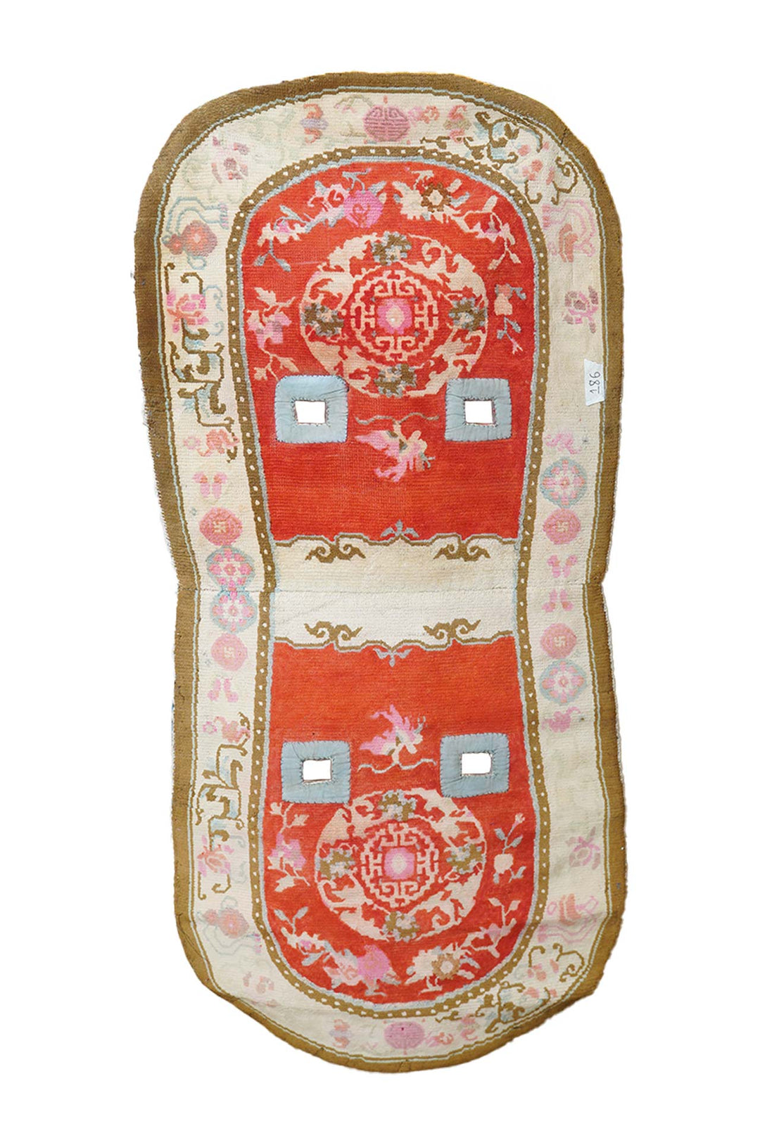 Tibetan Saddle Rug | Cinnabar Red Shrivatsa Medallions | Front View