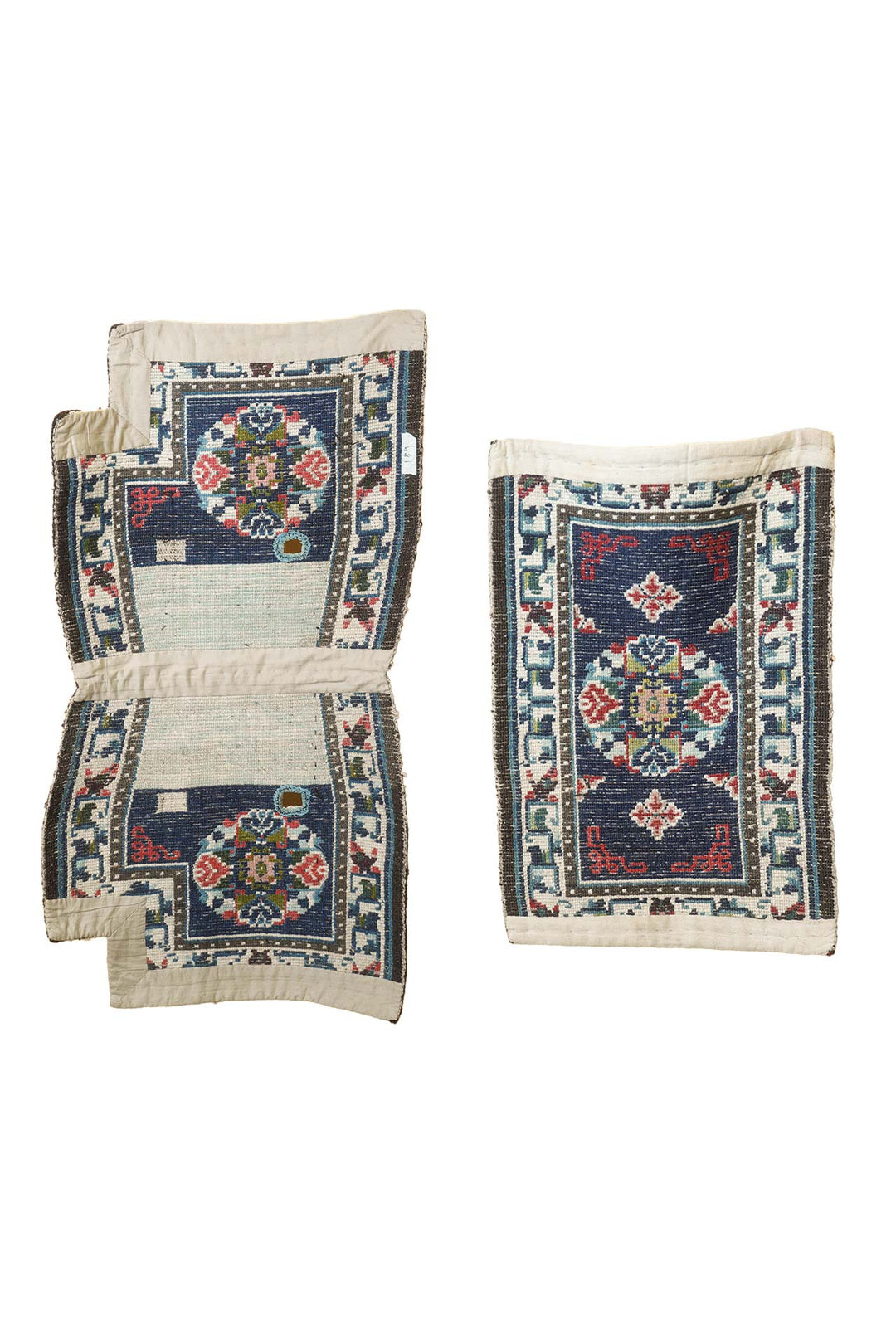 Tibetan Saddle Rug Set | Indigo Ivory Floral Medallion Pair | Back View