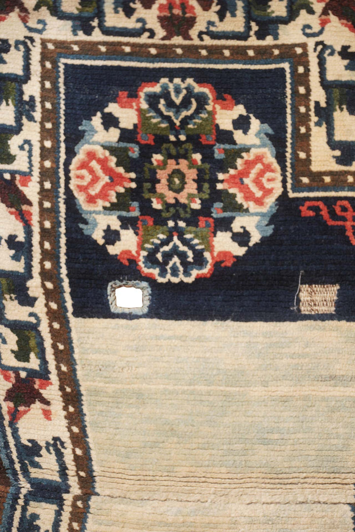 Tibetan Saddle Rug Set | Indigo Ivory Floral Medallion Pair | Detail View
