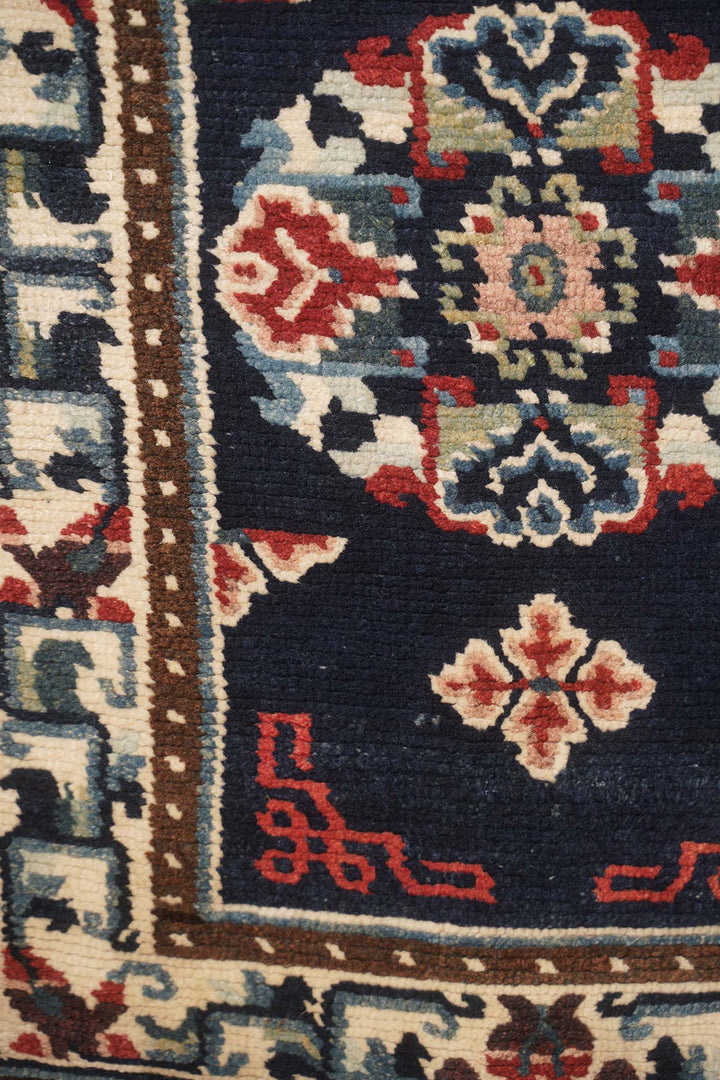 Tibetan Saddle Rug Set | Indigo Ivory Floral Medallion Pair | Detail View