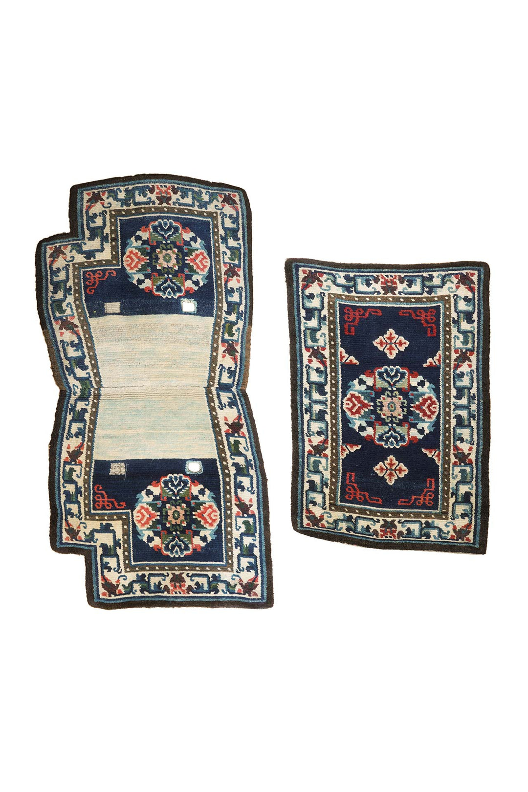 Tibetan Saddle Rug Set | Indigo Ivory Floral Medallion Pair | Front View