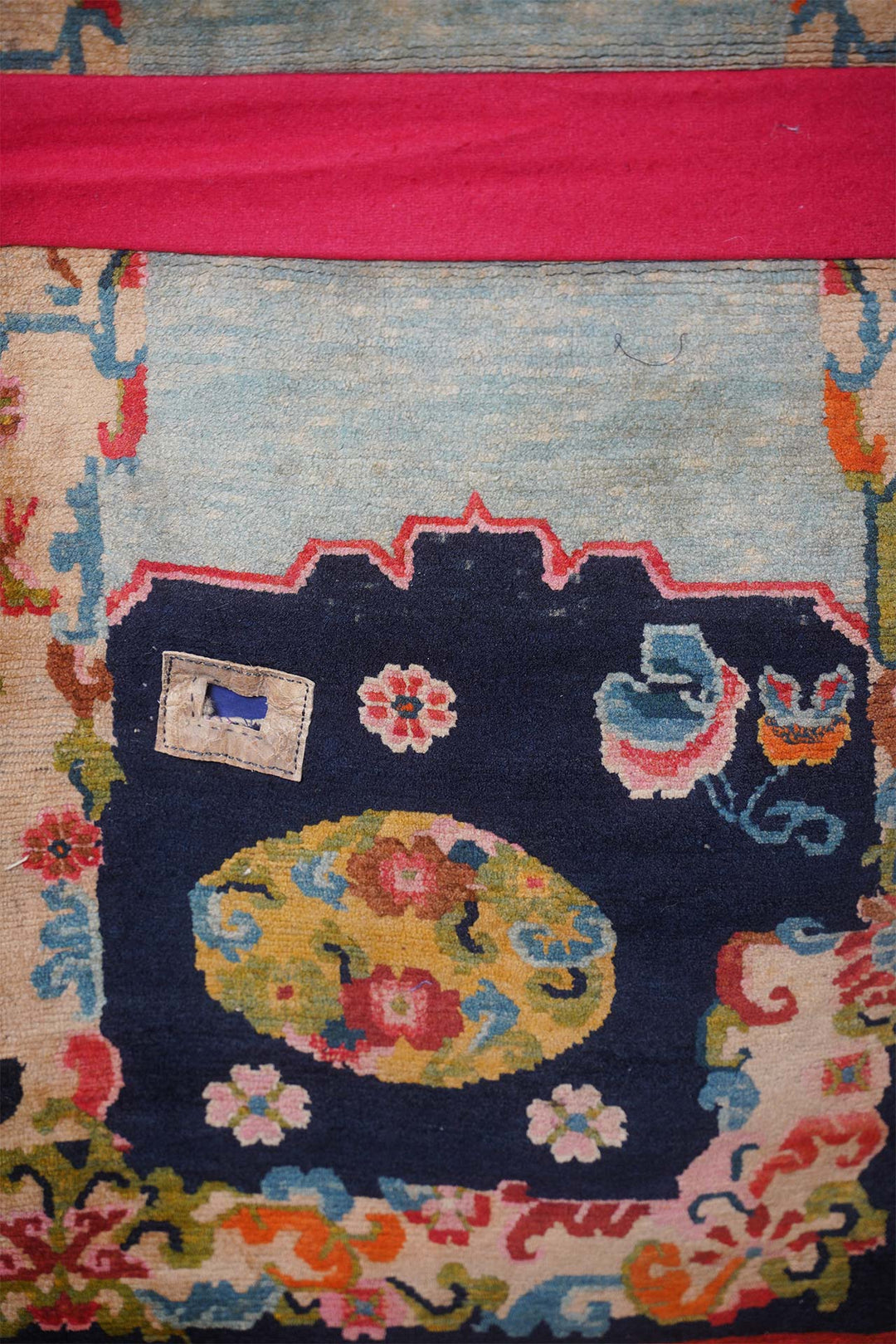 Tibetan Saddle Rug Set | Midnight Blue Floral Roundel | Detail View