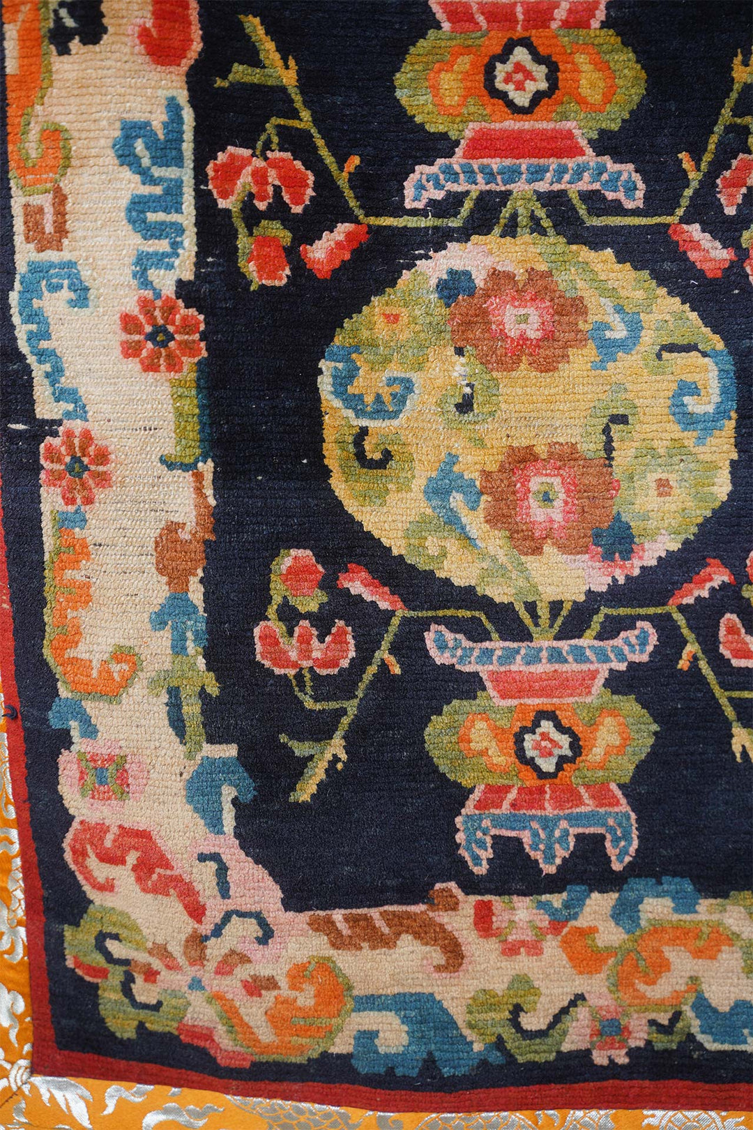Tibetan Saddle Rug Set | Midnight Blue Floral Roundel | Detail View