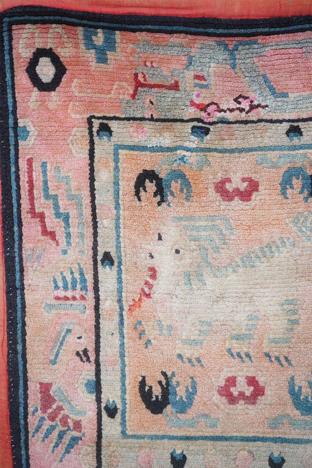 Tibetan Saddle Rug Set | Snow Lion Coral Turquoise | Detail View