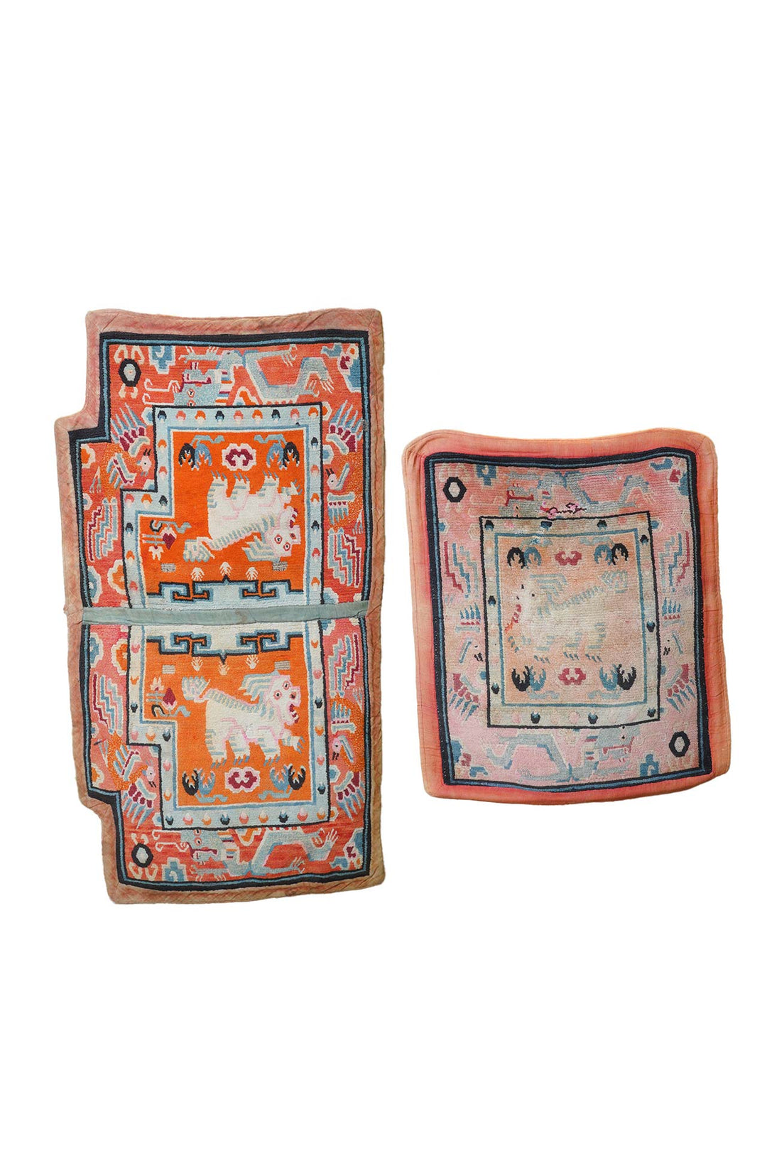 Tibetan Saddle Rug Set | Snow Lion Coral Turquoise | Front View