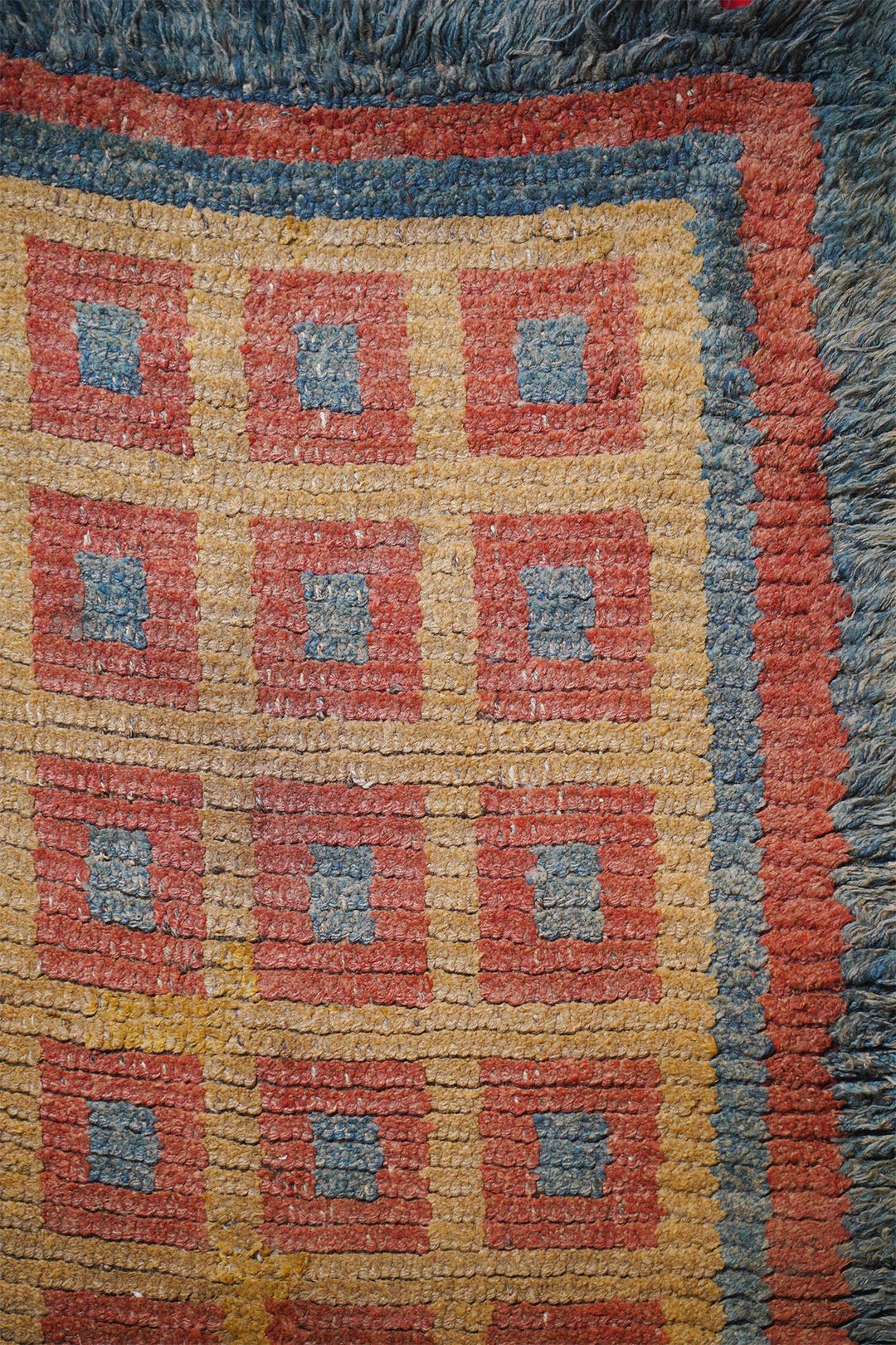 Tibetan Warp-Face Rug | Golden Grid Celadon Compartments | Detail View