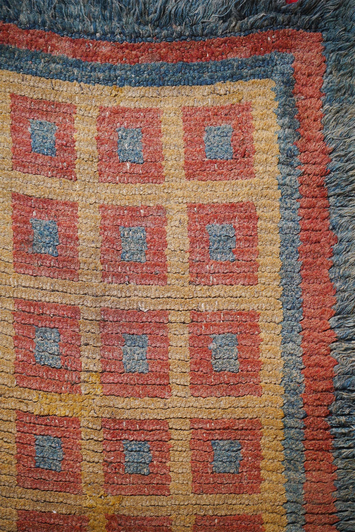 Tibetan Warp-Face Rug | Golden Grid Celadon Compartments | Detail View