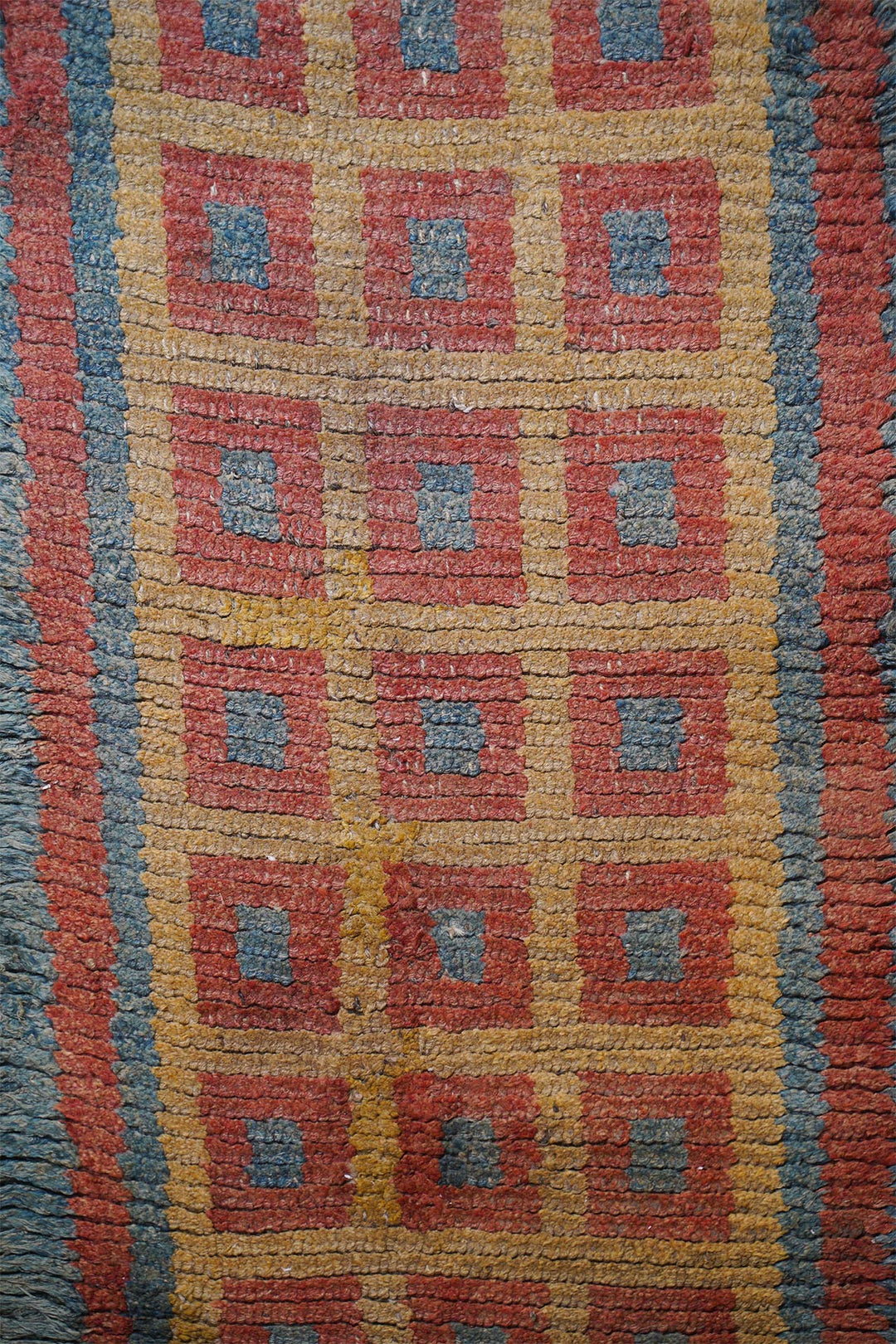 Tibetan Warp-Face Rug | Golden Grid Celadon Compartments | Detail View