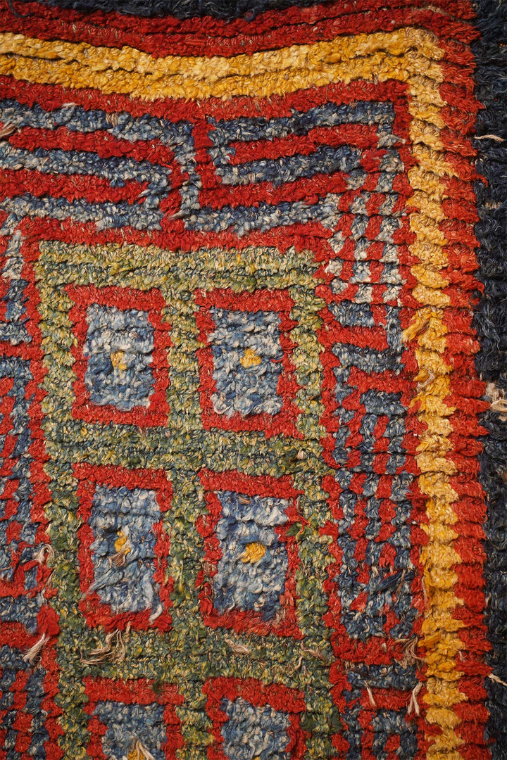 Tibetan Warp-Face Rug | Indigo Gau Amulet Compartment | Detail View