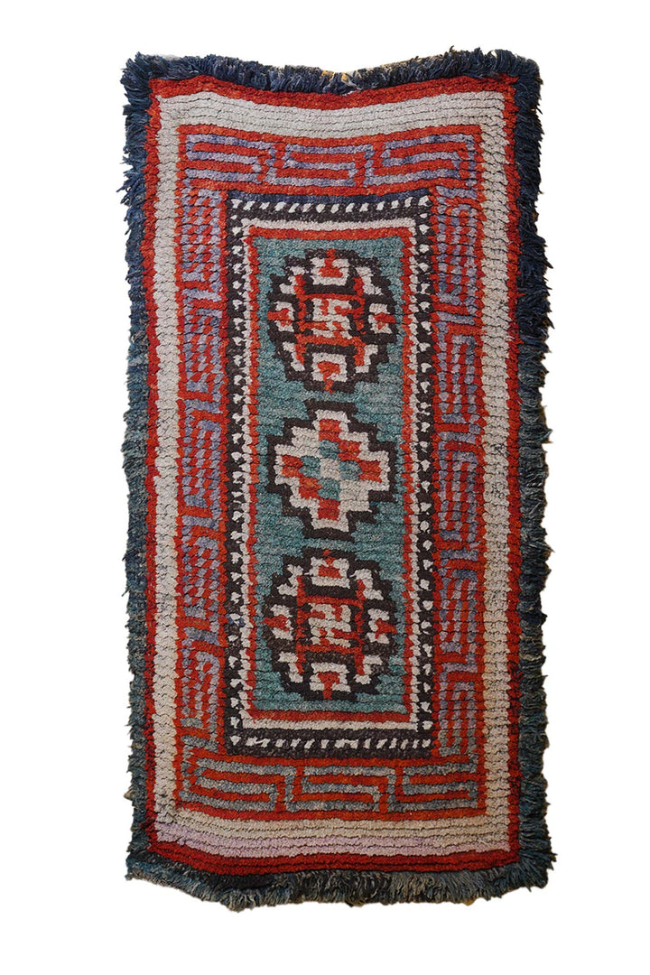 Tibetan Warp-Face Rug | Three Medallion &amp; Greek Key | Front View